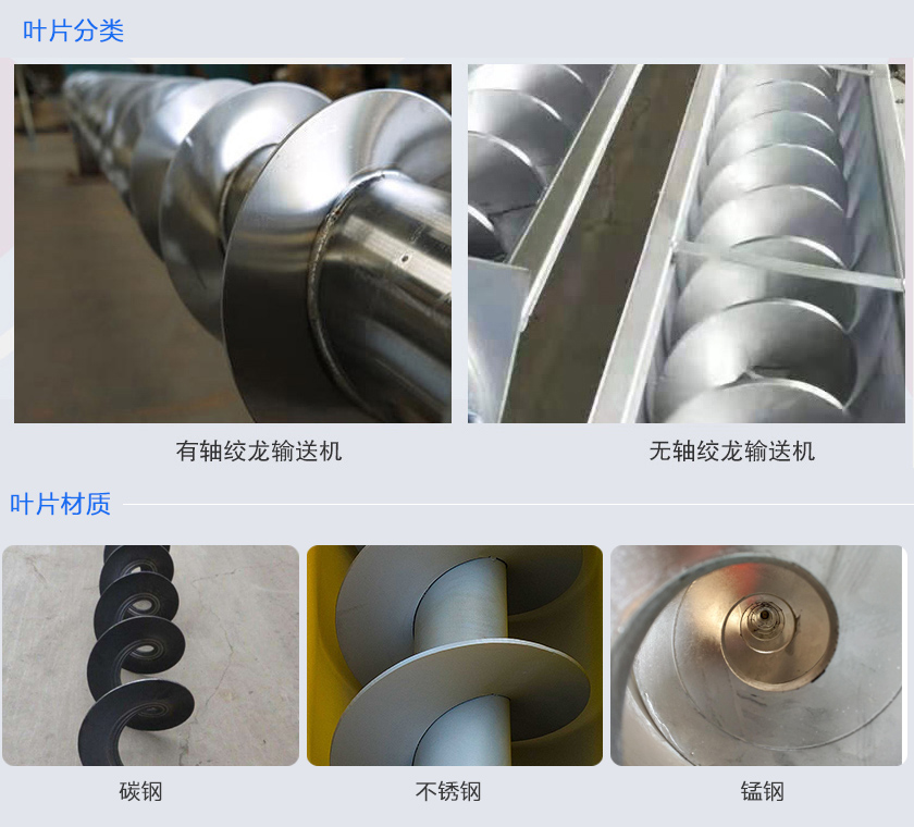 絞龍輸送機(jī)分為有軸和無(wú)軸絞龍輸送機(jī)，可根據(jù)物料不同選擇有碳鋼、不銹鋼、錳鋼等材質(zhì)。